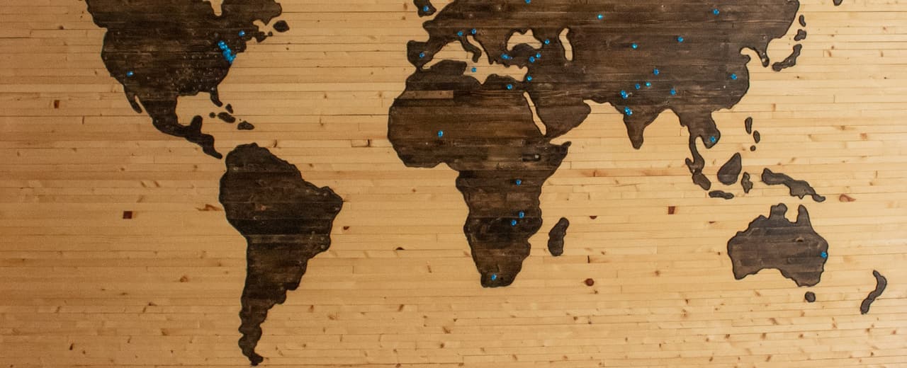 A world map viewed at an angle